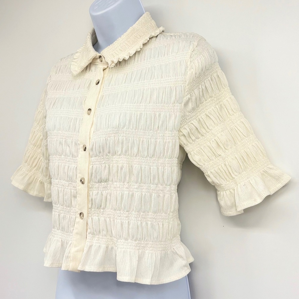 Maeve Anthropologie Smocked Blouse Women SM Ivory Ruffle Button Front Cropped - Picture 3 of 9